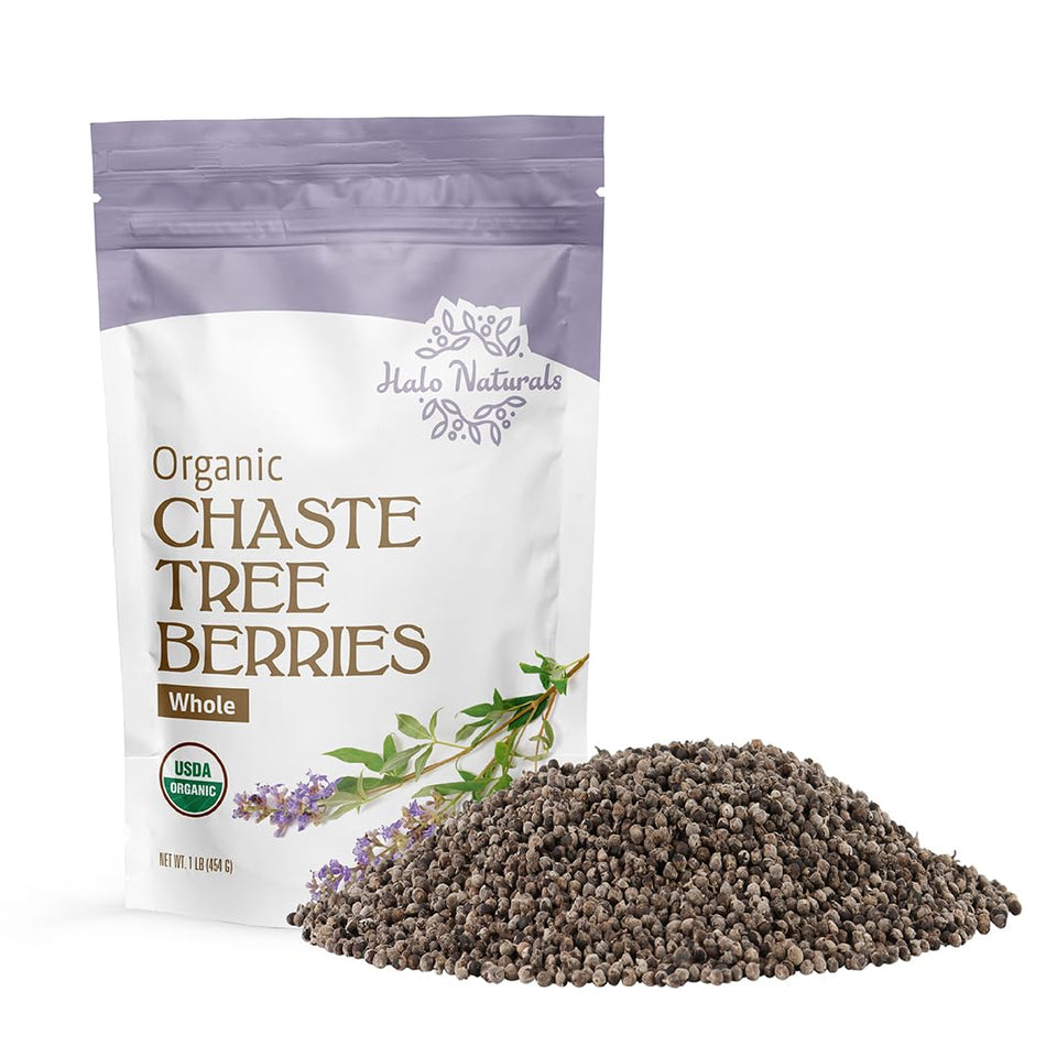Halo Naturals chaste tree berries whole cut and sifted in resealable bag for freshness