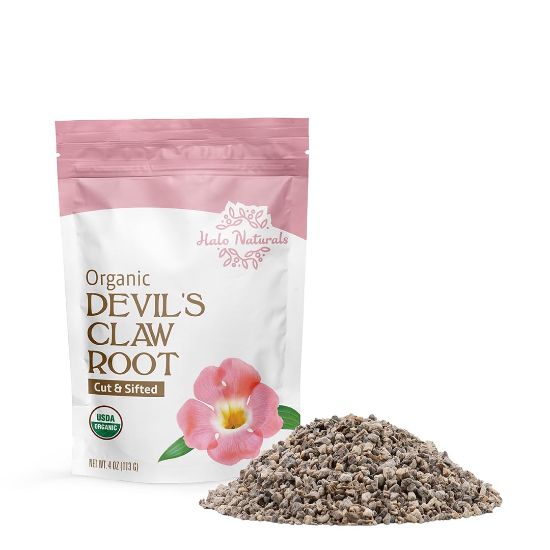 Halo Naturals devil's claw root in resealable pouch preserves freshness.