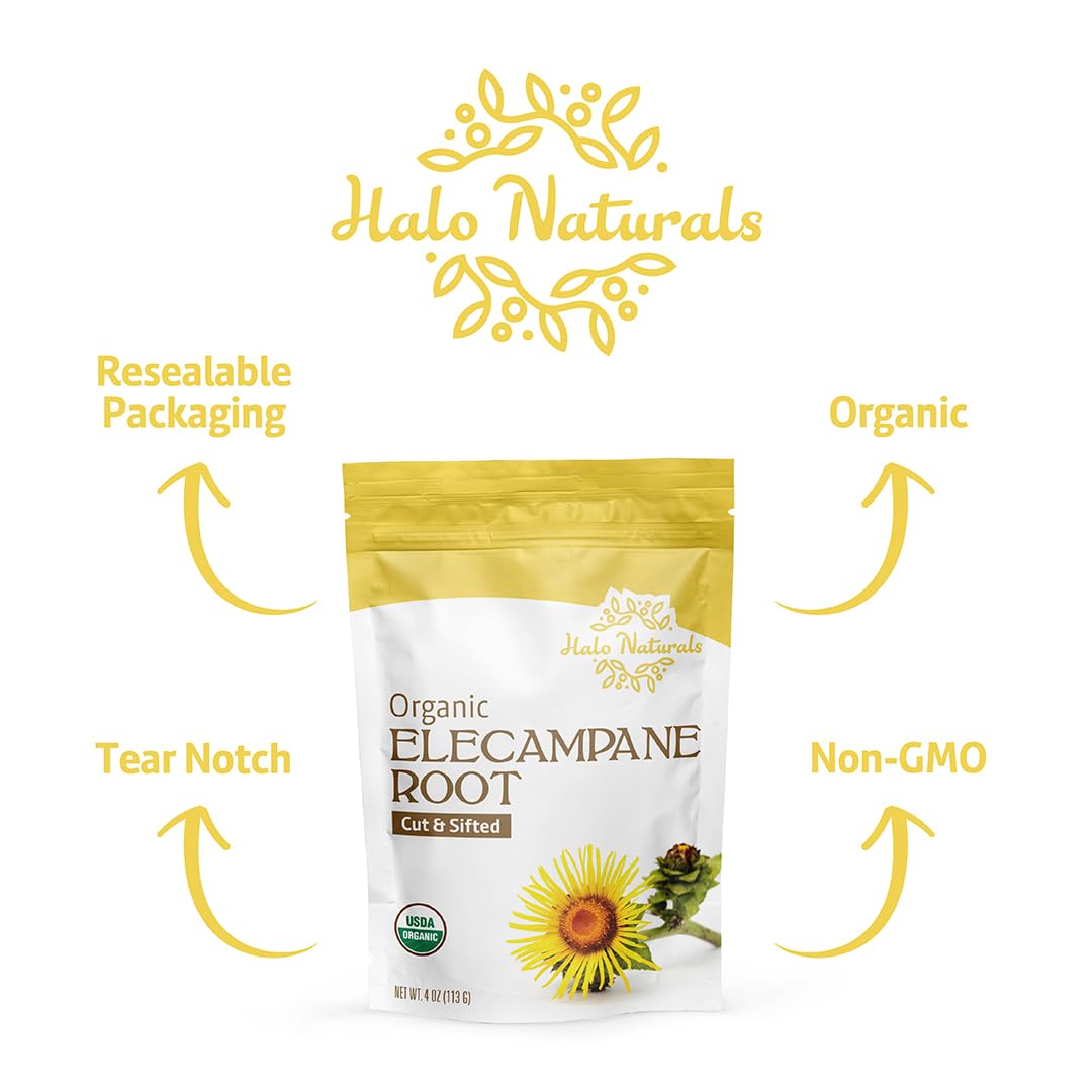 Halo Naturals elecampane root packaged in USA for quality control.