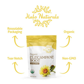 Halo Naturals elecampane root packaged in USA for quality control.