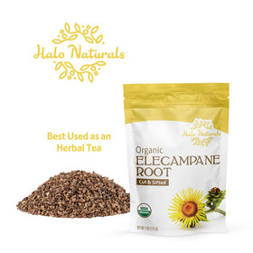 Halo Naturals elecampane root USDA Organic label on packaging.
