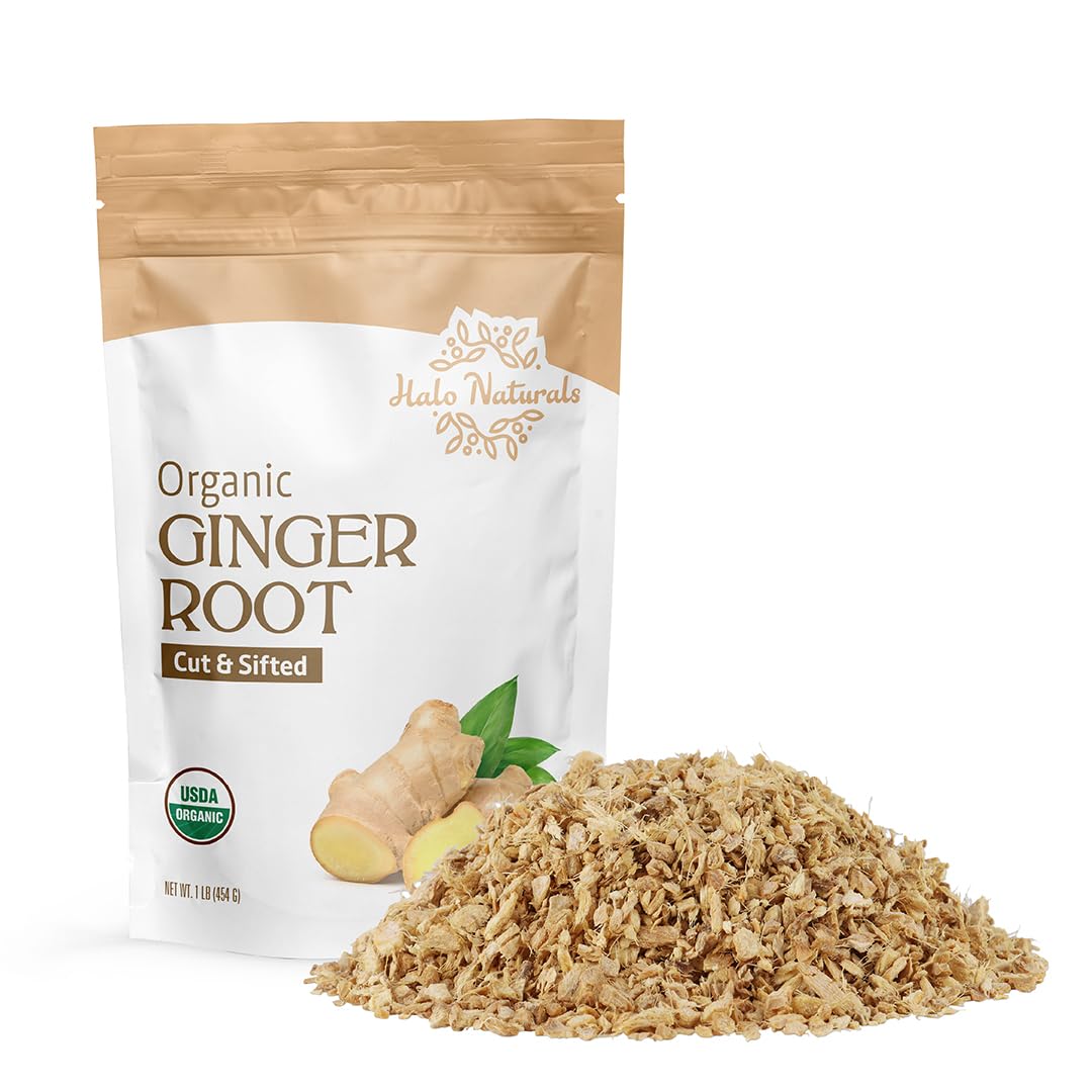 Halo Naturals ginger root cut and sifted in a resealable pouch for fresh flavor.