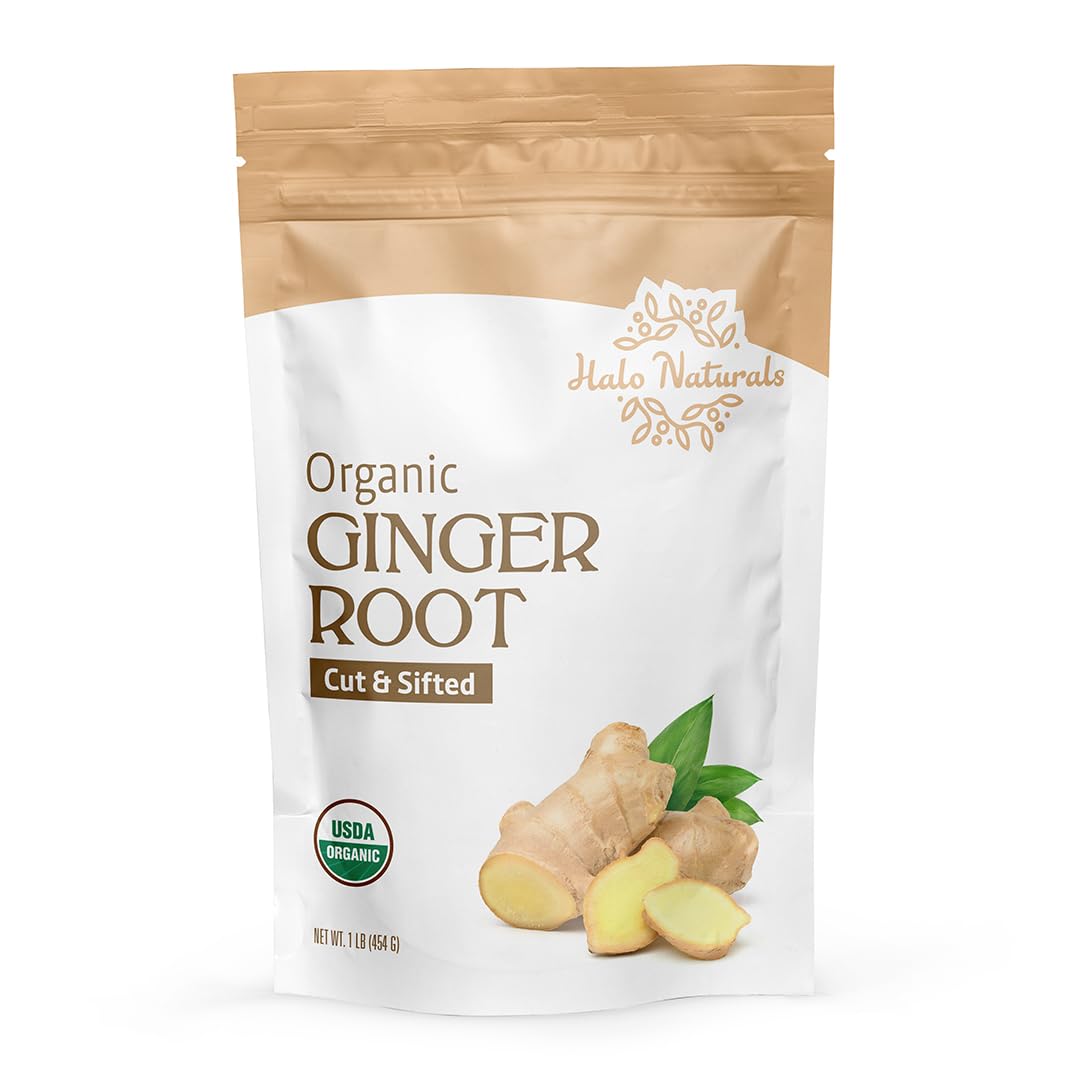 Halo Naturals ginger root from China in resealable packaging for kitchen convenience.