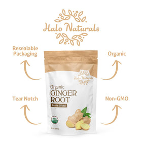 Halo Naturals ginger root in resealable pouch preserves flavor between uses.
