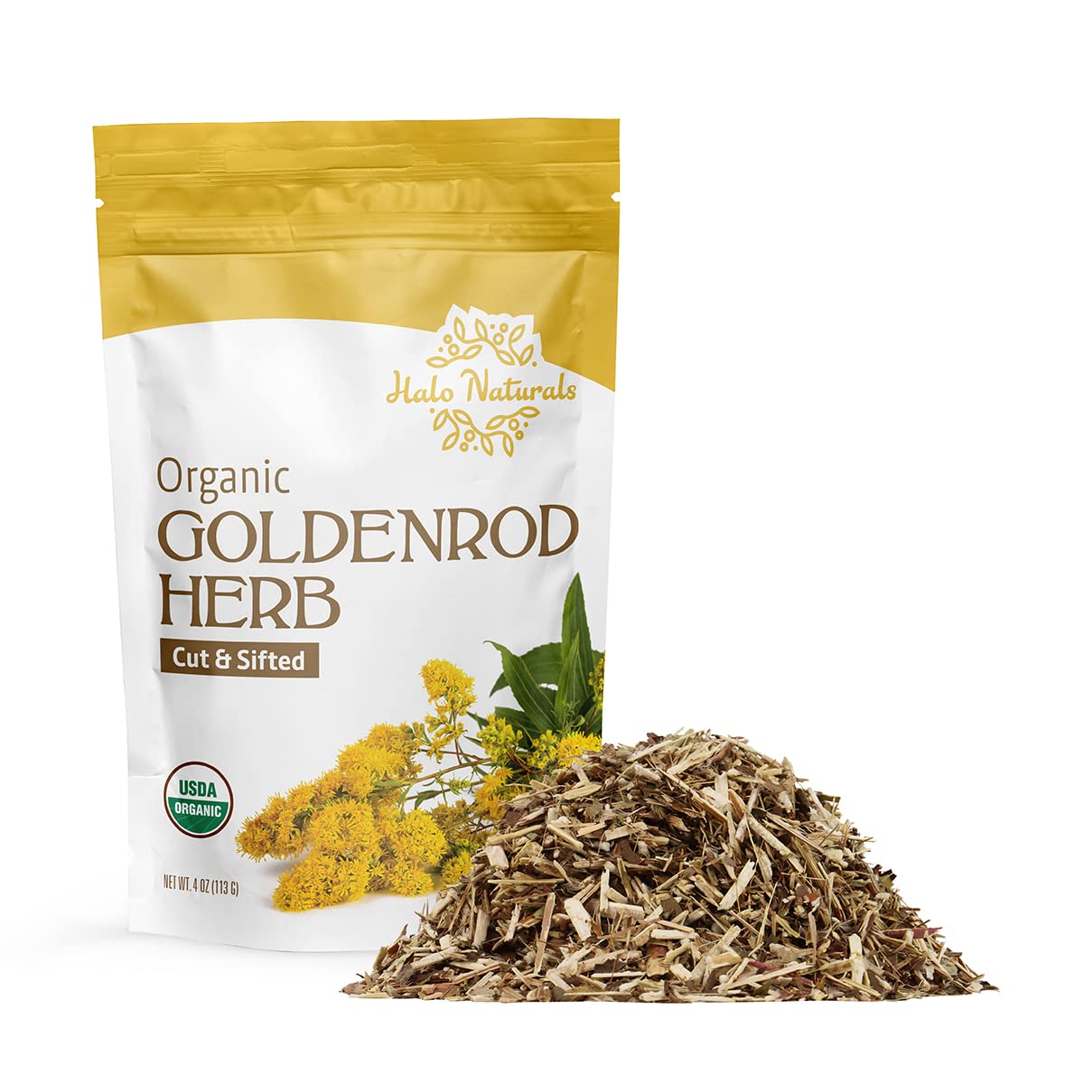 Halo Naturals Goldenrod herb cut and sifted front packaging ideal for easy brewing