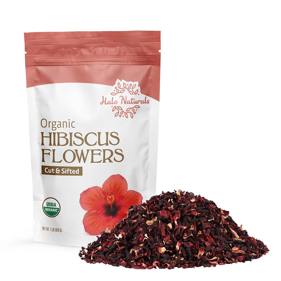 Halo Naturals hibiscus flowers cut and sifted in a 1 lb bag for flavorful brews.