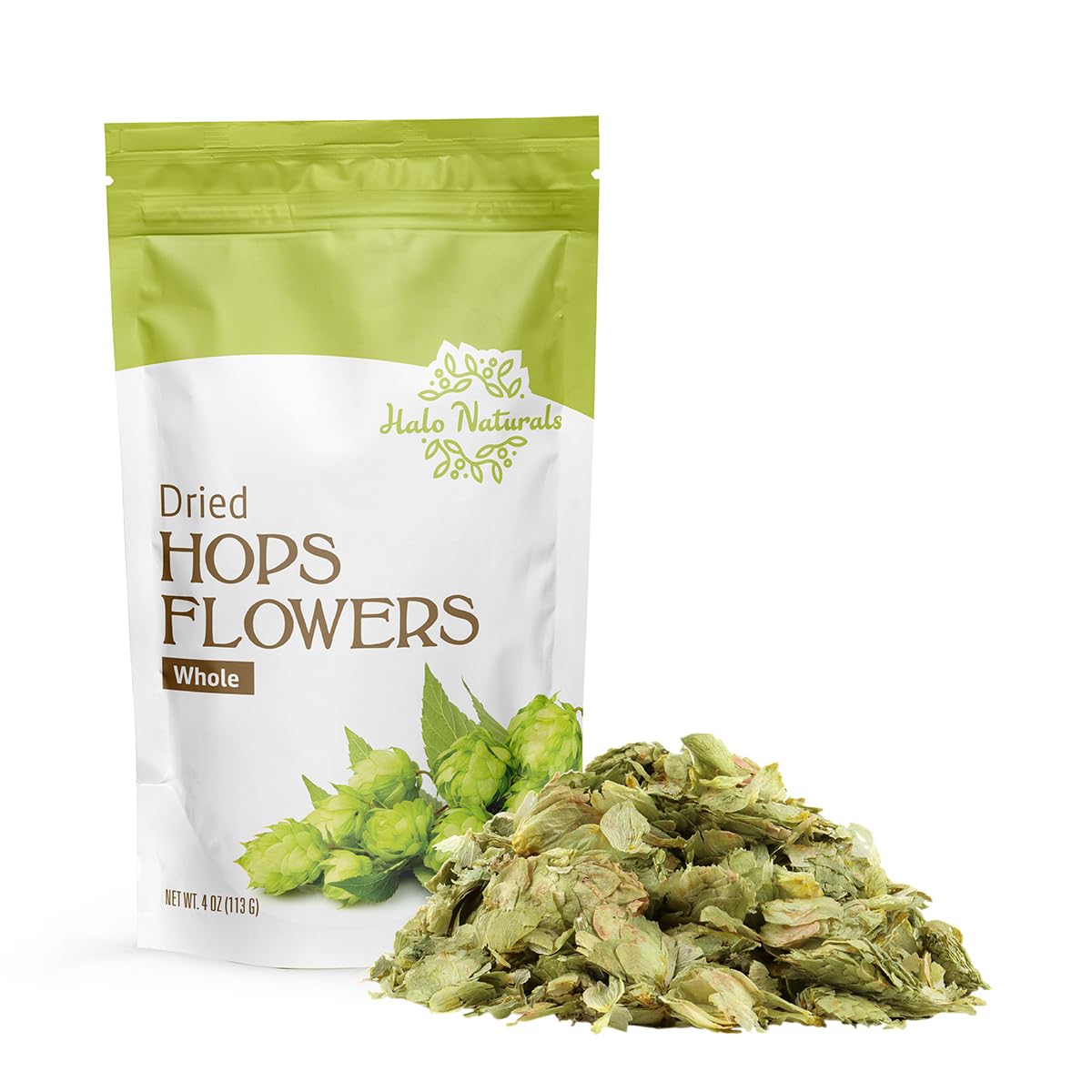 Halo Naturals Hops Flowers Whole front label, premium US hops for brewing