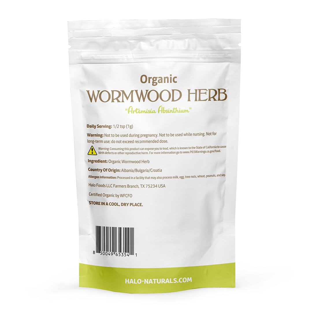 Halo Naturals wormwood powder ingredients shown on packaging.