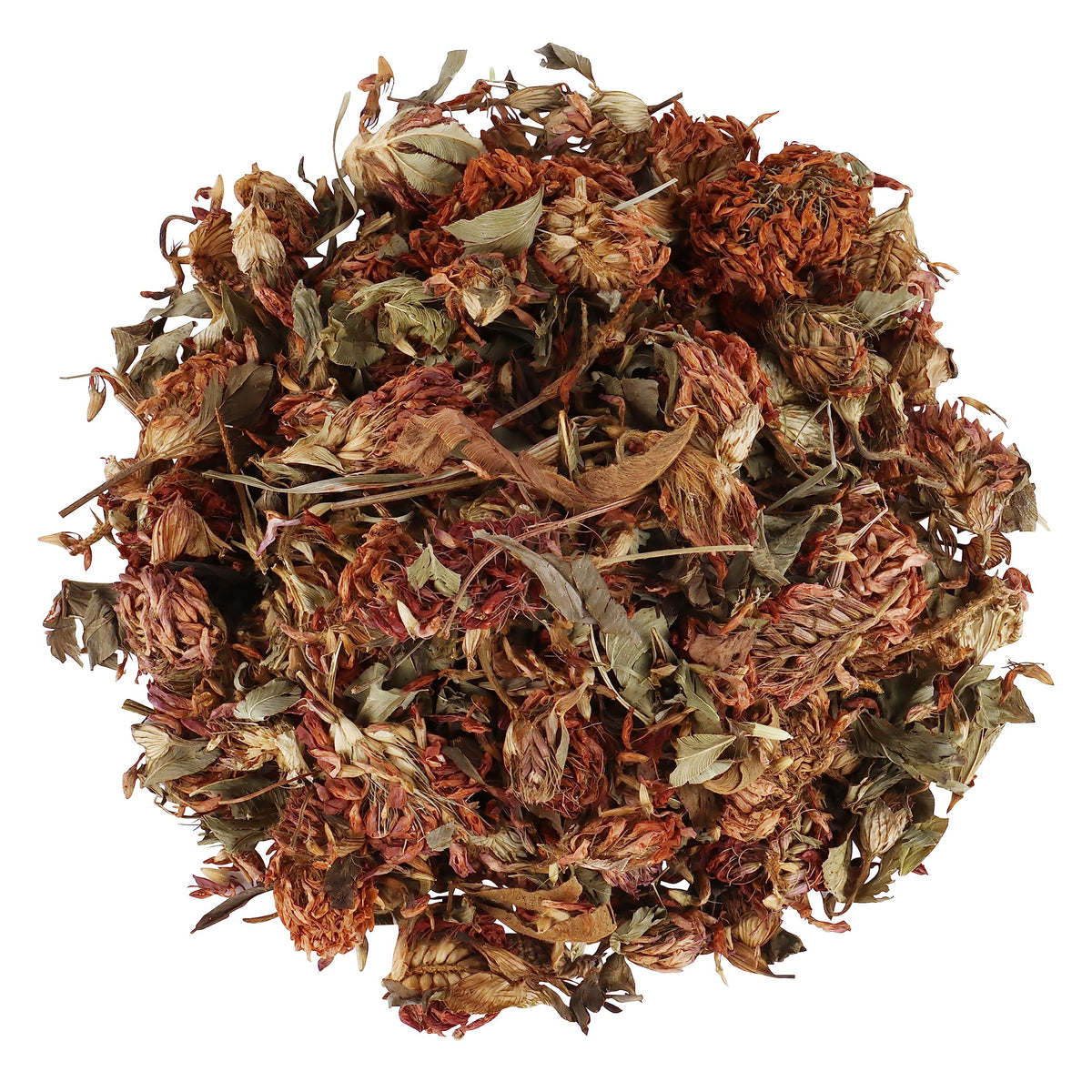 Halo Naturals red clover blossom dried closeup highlighting color and texture for recipes.