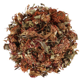 Halo Naturals red clover blossom dried closeup highlighting color and texture for recipes.