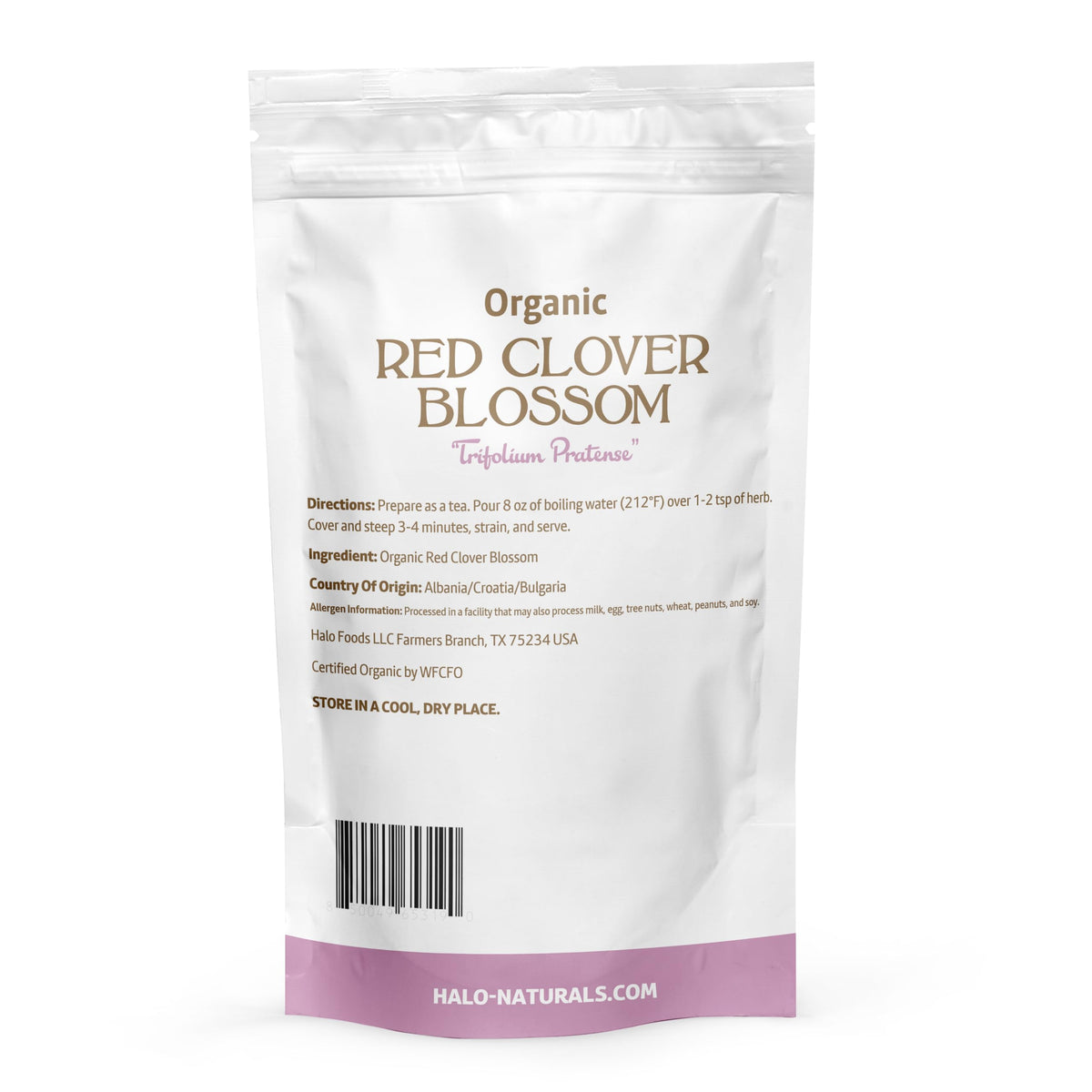 Halo Naturals red clover blossom in resealable pouch emphasizing freshness and convenience.