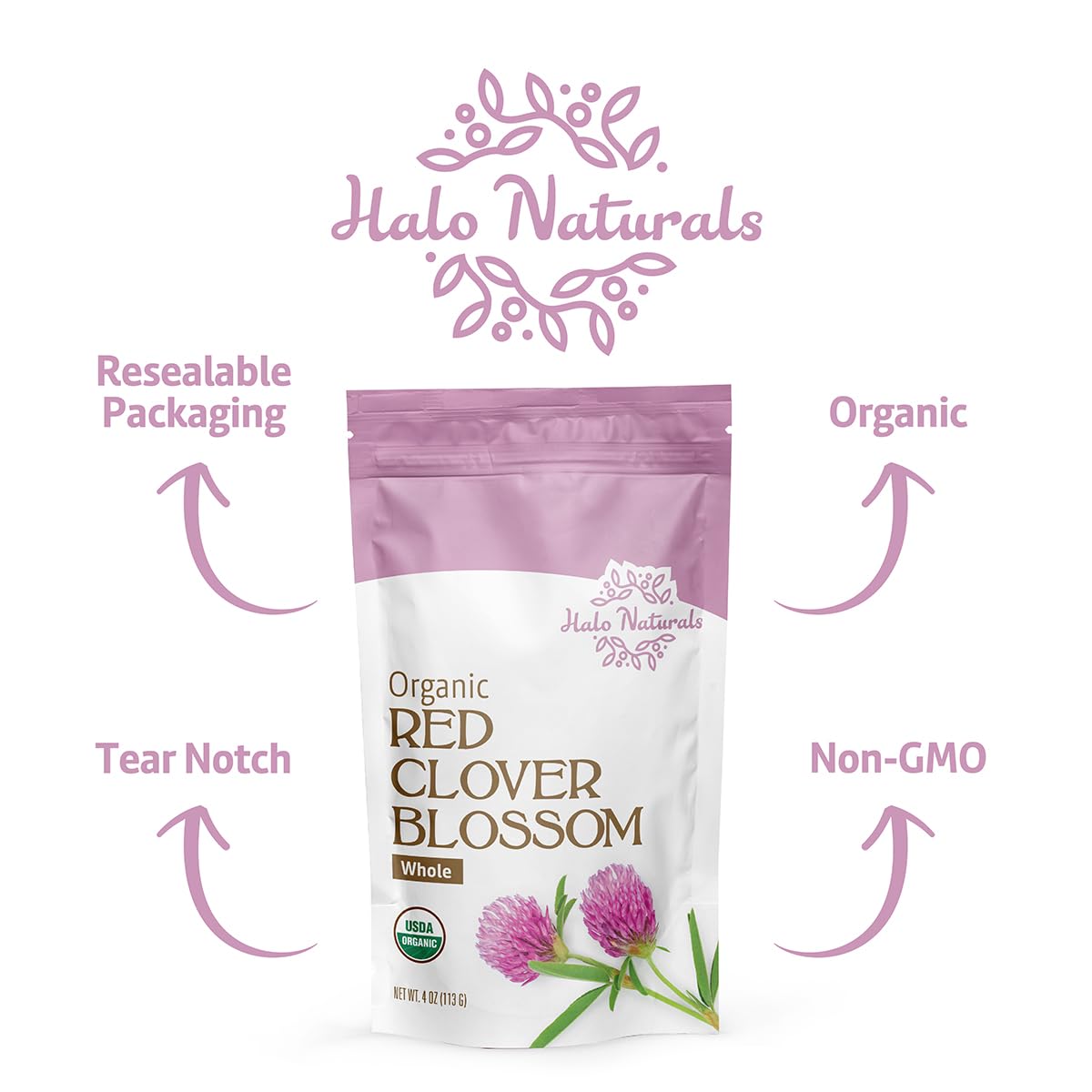 Halo Naturals red clover blossom origin Europe imagery highlighting Albanian/Croatian/Bulgarian roots.