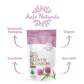 Halo Naturals red clover blossom origin Europe imagery highlighting Albanian/Croatian/Bulgarian roots.