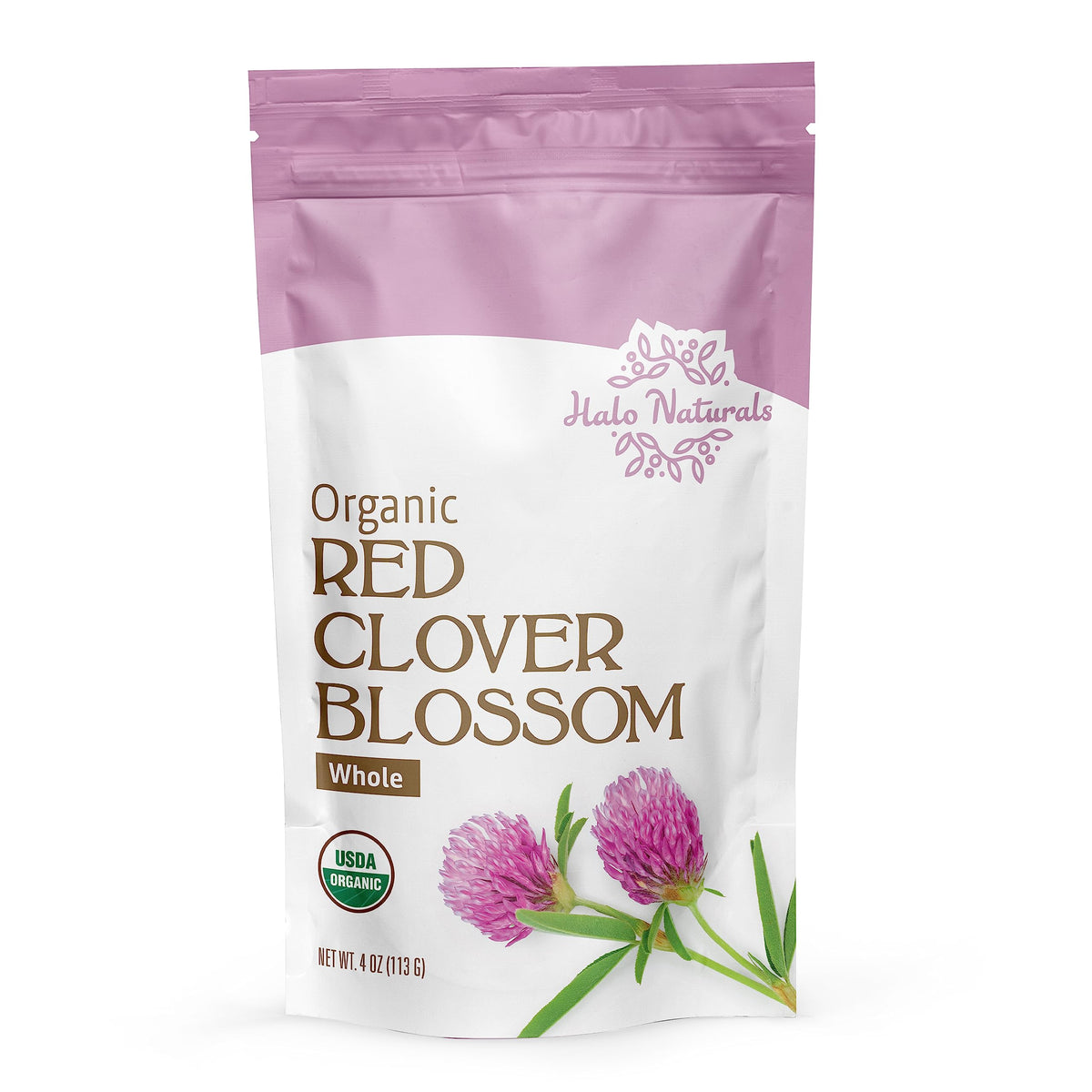 Halo Naturals red clover blossom tea brew ready for soothing herbal infusions.
