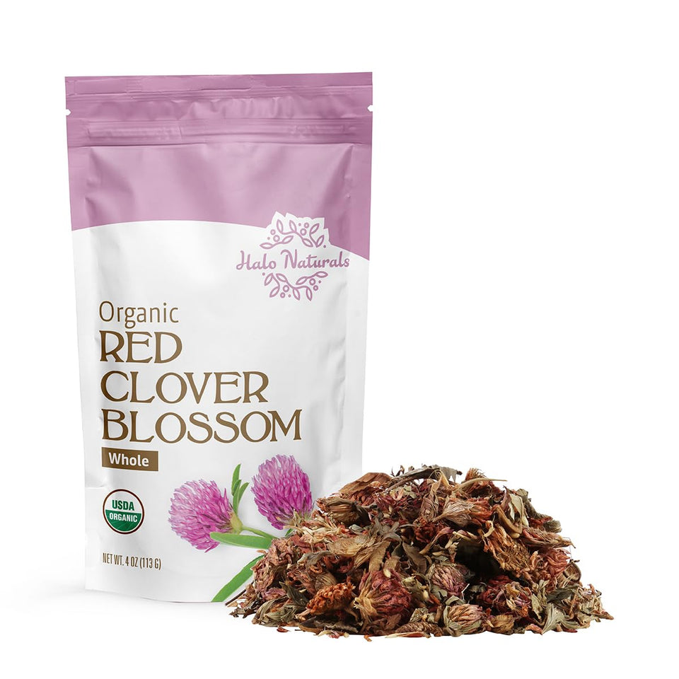 Halo Naturals red clover blossom whole in pouch for aromatic herbal use.