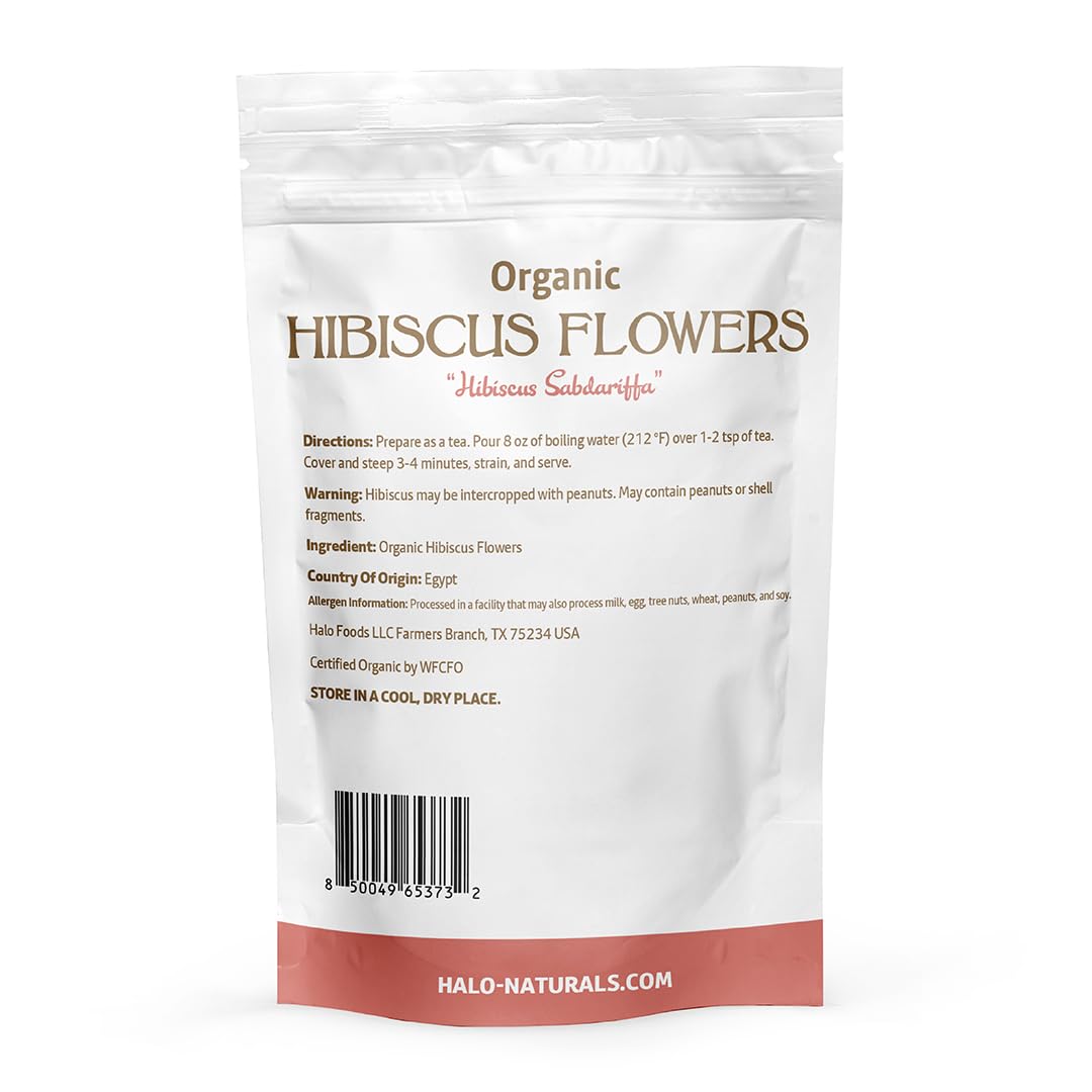 Halo Naturals resealable pouch preserves hibiscus freshness for longer shelf life.