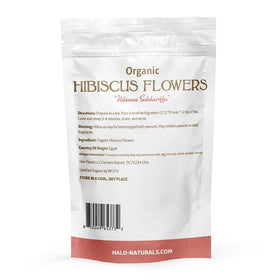 Halo Naturals resealable pouch preserves hibiscus freshness for longer shelf life.