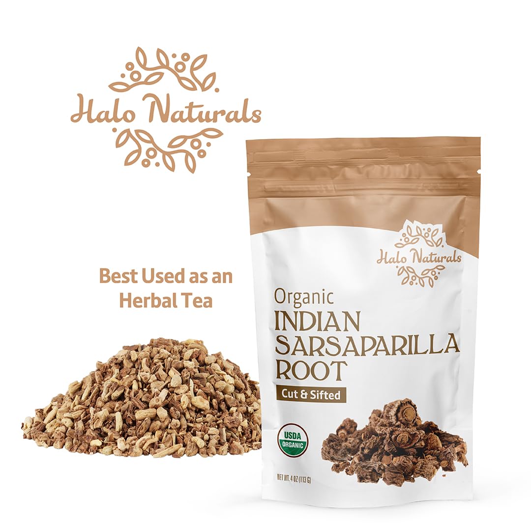 Halo Naturals Sarsaparilla root from India with clear origin and organic certification.