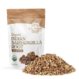 Halo Naturals Sarsaparilla root cut & sifted bottle shows ready-to-use organic herb for tea blends.