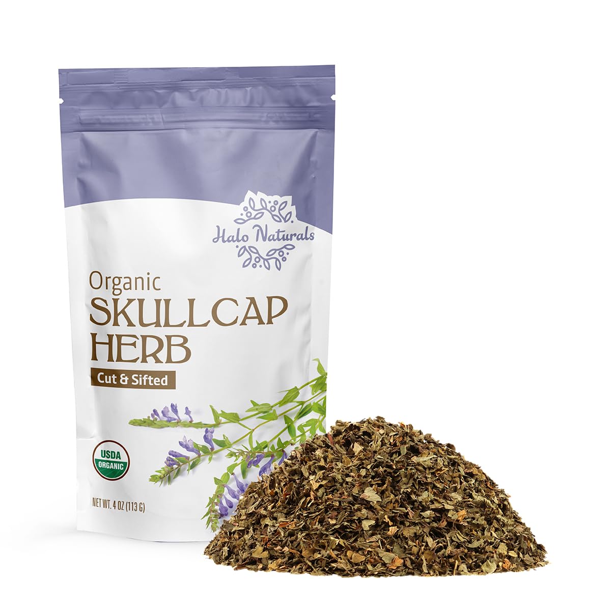Halo Naturals Skullcap herb cut and sift in resealable 4 oz pouch for freshness.