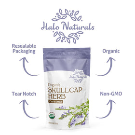 Halo Naturals Skullcap packaged in the USA.
