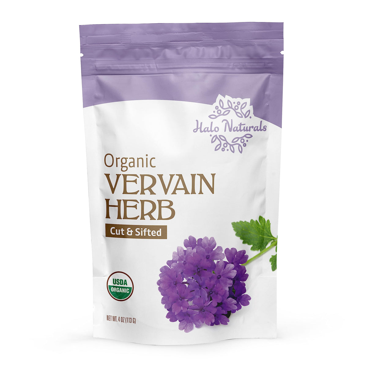 Halo Naturals vervain packaging with USDA Organic seal visible.