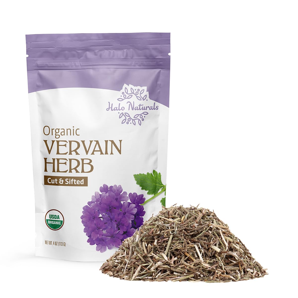Halo Naturals vervain cut and sifted, 4oz pouch ready for tea or crafting.