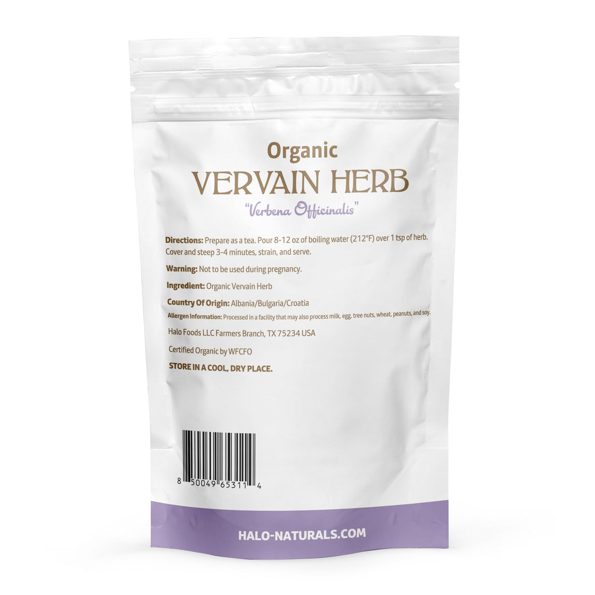 Label showing USDA Organic certification on Halo Naturals vervain packaging.