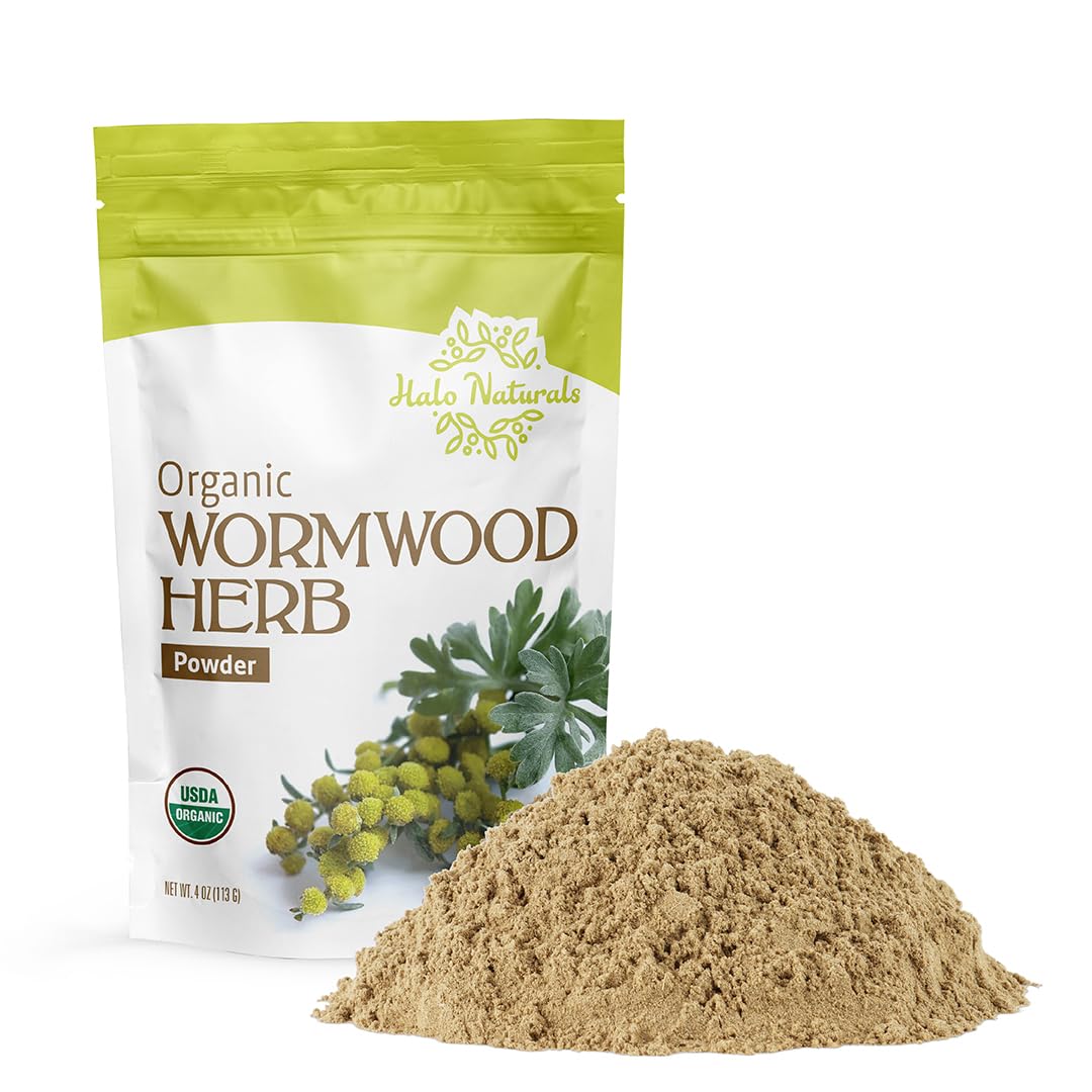Halo Naturals wormwood powder bottle in 4 oz size for daily use.