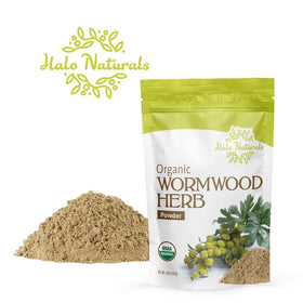 Halo Naturals wormwood powder packaging in USA facility and carton.
