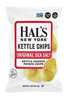 Hal's New York gluten-free sea salt kettle chip bag, convenient on-the-go snacking.