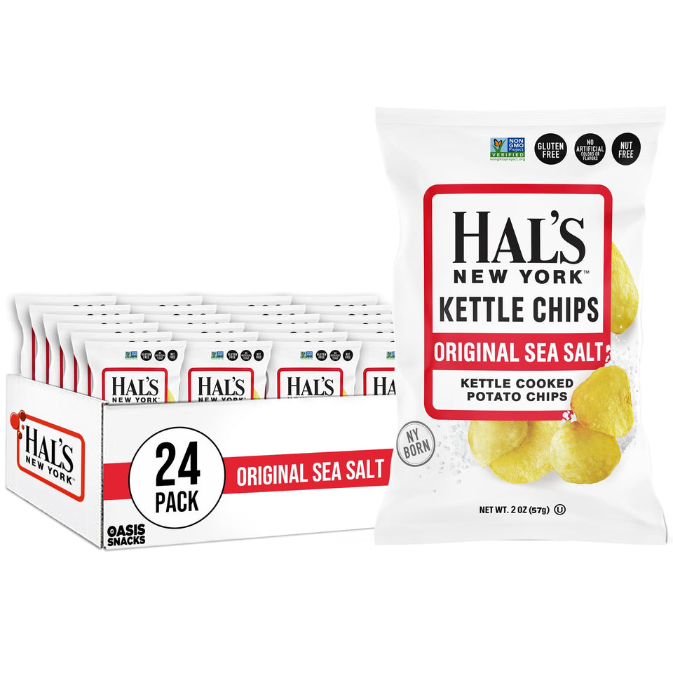 Hal's New York kettle cooked original sea salt chip close-up, gluten-free snack with satisfying crunch.