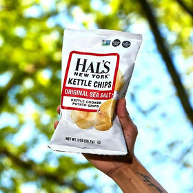 Hal's New York kettle cooked potato chip close-up, classic sea salt flavor for everyday snacking.