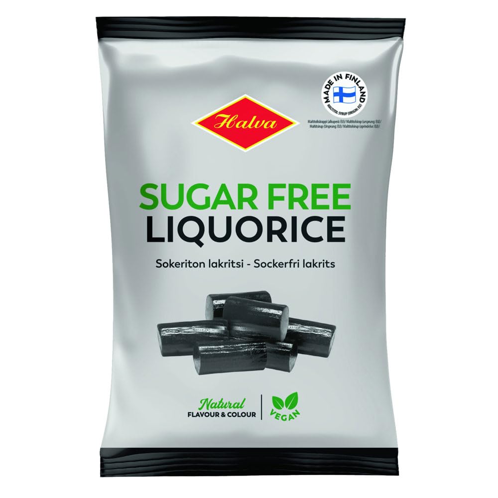 Halva sugar-free liquorice 90g pack back view, on-the-go packaging for convenience.