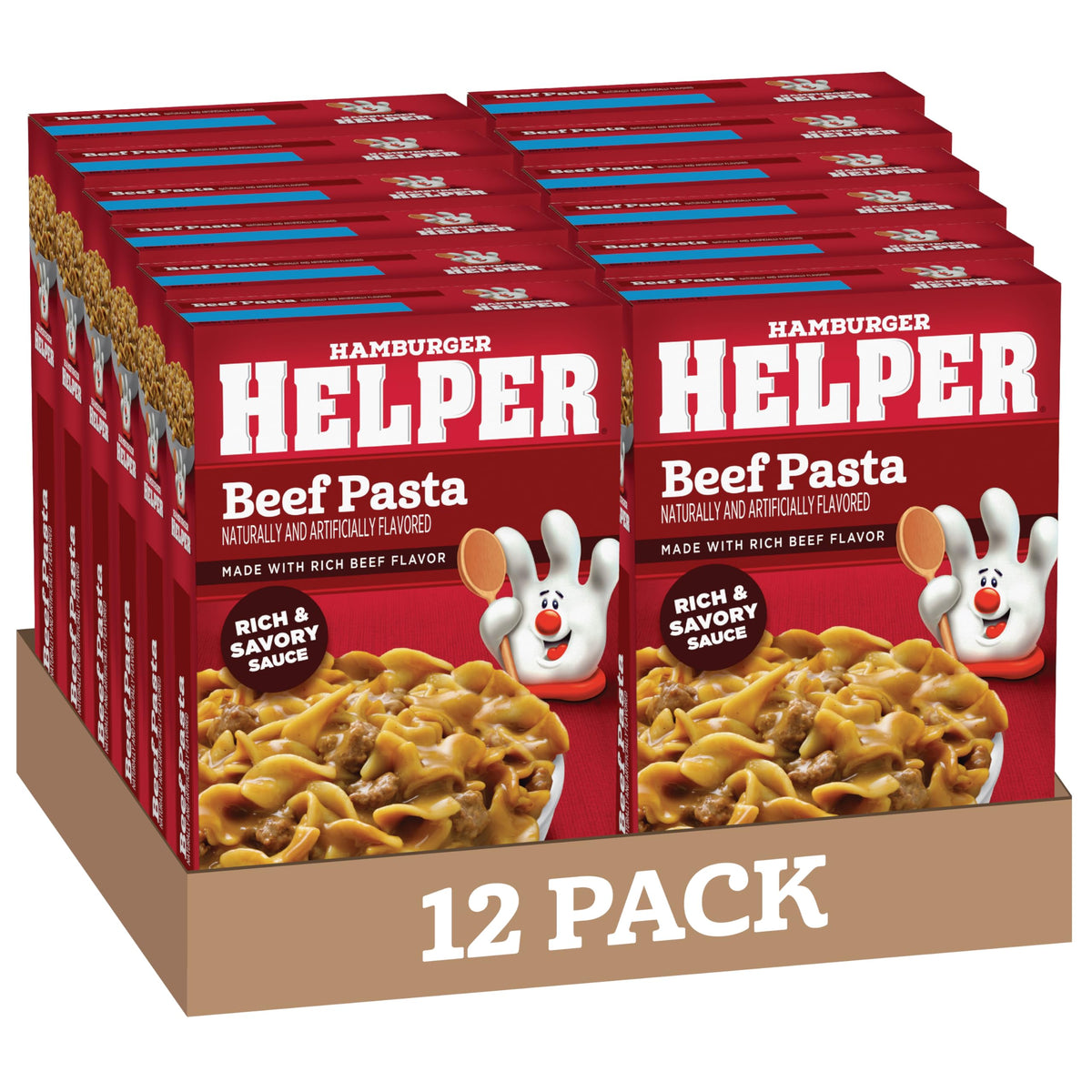 Hamburger Helper Beef Pasta box front highlighting real spices for family meals