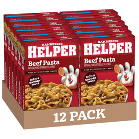 Hamburger Helper Beef Pasta box front highlighting real spices for family meals
