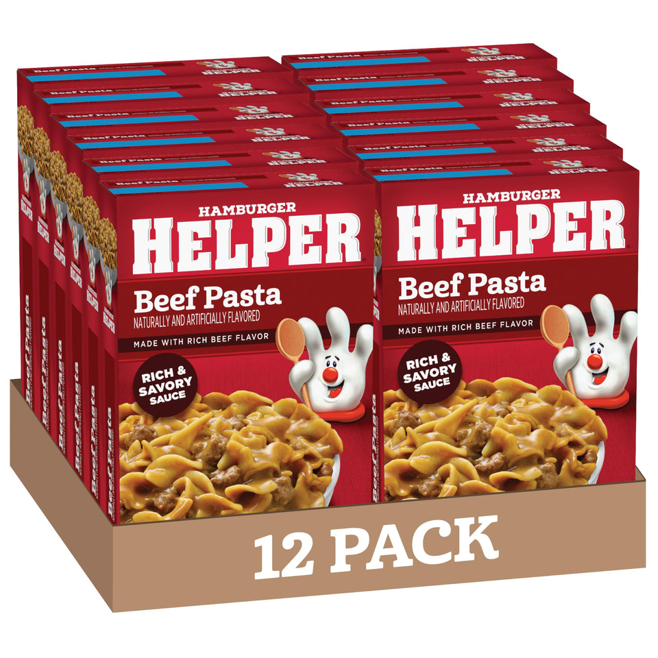 Hamburger Helper Beef Pasta box front highlighting real spices for family meals