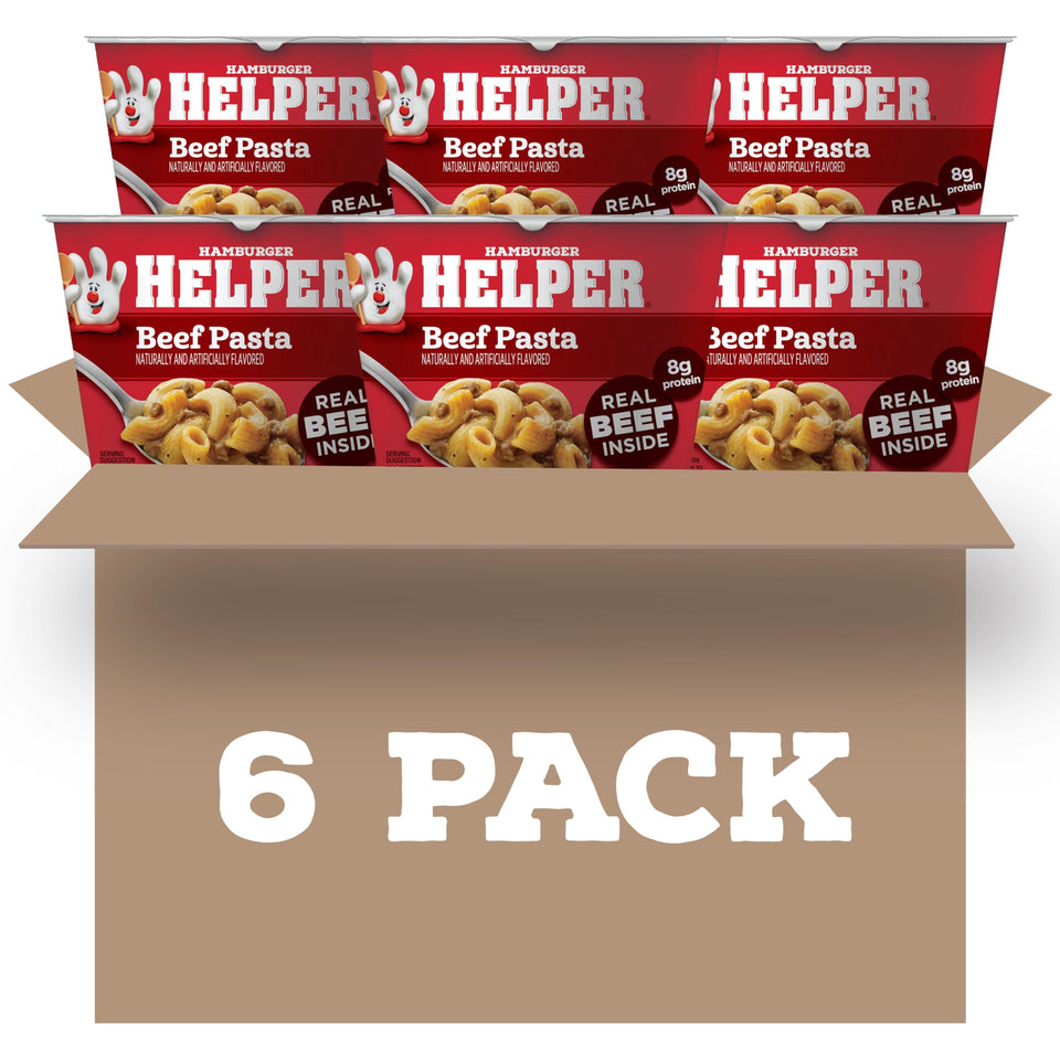 Hamburger Helper beef pasta microwave cup; ready-to-serve in minutes for busy weeknights.