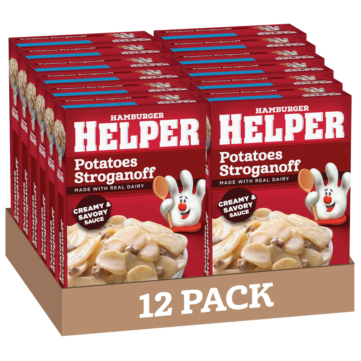 Hamburger Helper Potato Stroganoff box front for quick weeknight dinner.