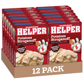Hamburger Helper Potato Stroganoff box front for quick weeknight dinner.