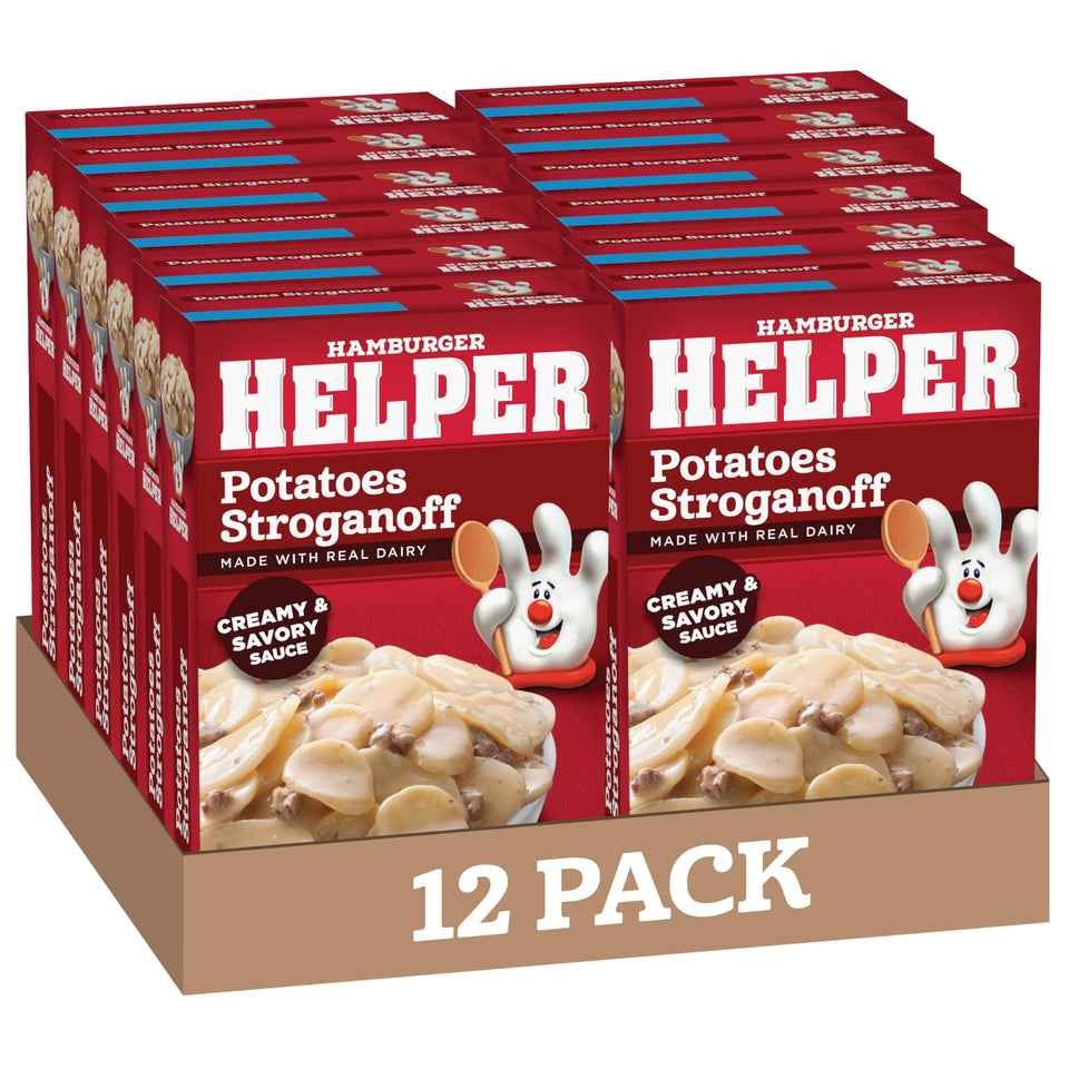 Hamburger Helper Potato Stroganoff box front for quick weeknight dinner.
