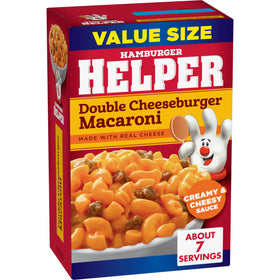 Hamburger Helper box with pasta and sauce ready for easy prep