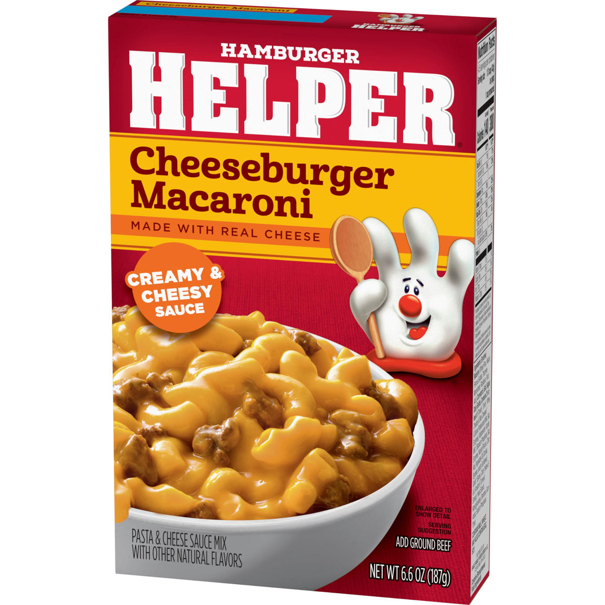 Hamburger Helper Cheeseburger Macaroni box packaging highlights real ingredients and simple prep.