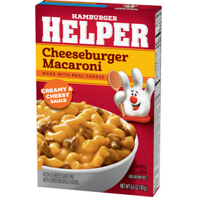 Hamburger Helper Cheeseburger Macaroni box packaging highlights real ingredients and simple prep.
