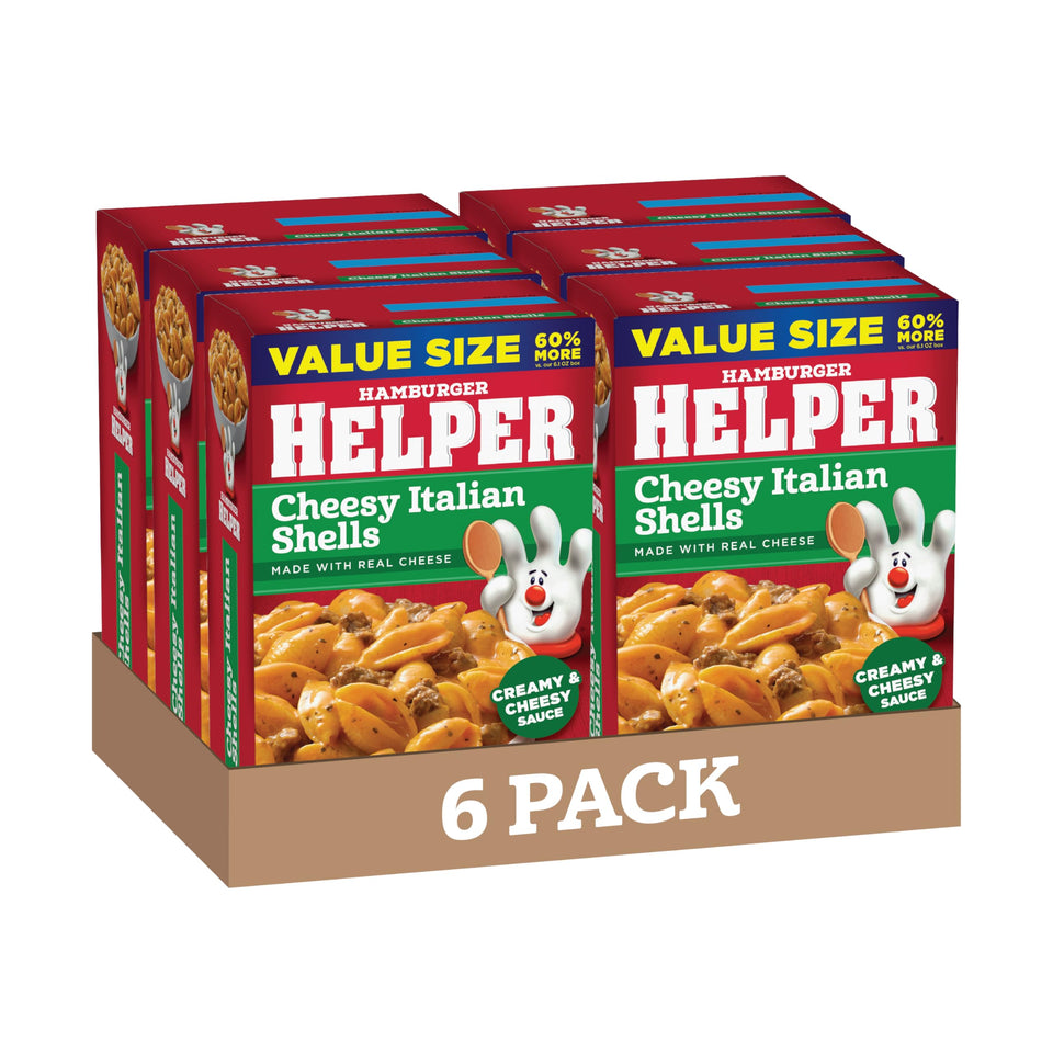 Hamburger Helper Cheesy Italian Shells box ready for quick family dinners