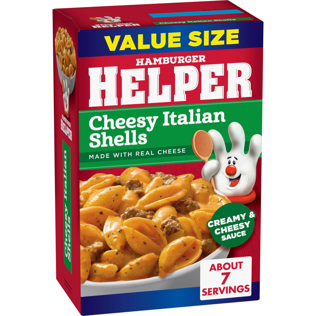 Hamburger Helper Cheesy Italian Shells ingredients spread with real cheese