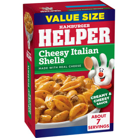 Hamburger Helper Cheesy Italian Shells ingredients spread with real cheese