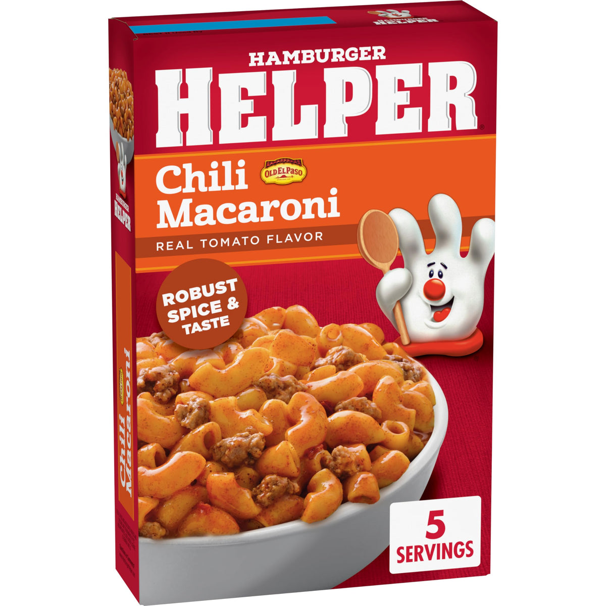 Hamburger Helper Chili Macaroni box packaging shown for pantry staple convenience.