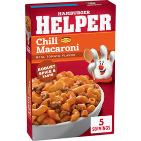 Hamburger Helper Chili Macaroni box packaging shown for pantry staple convenience.