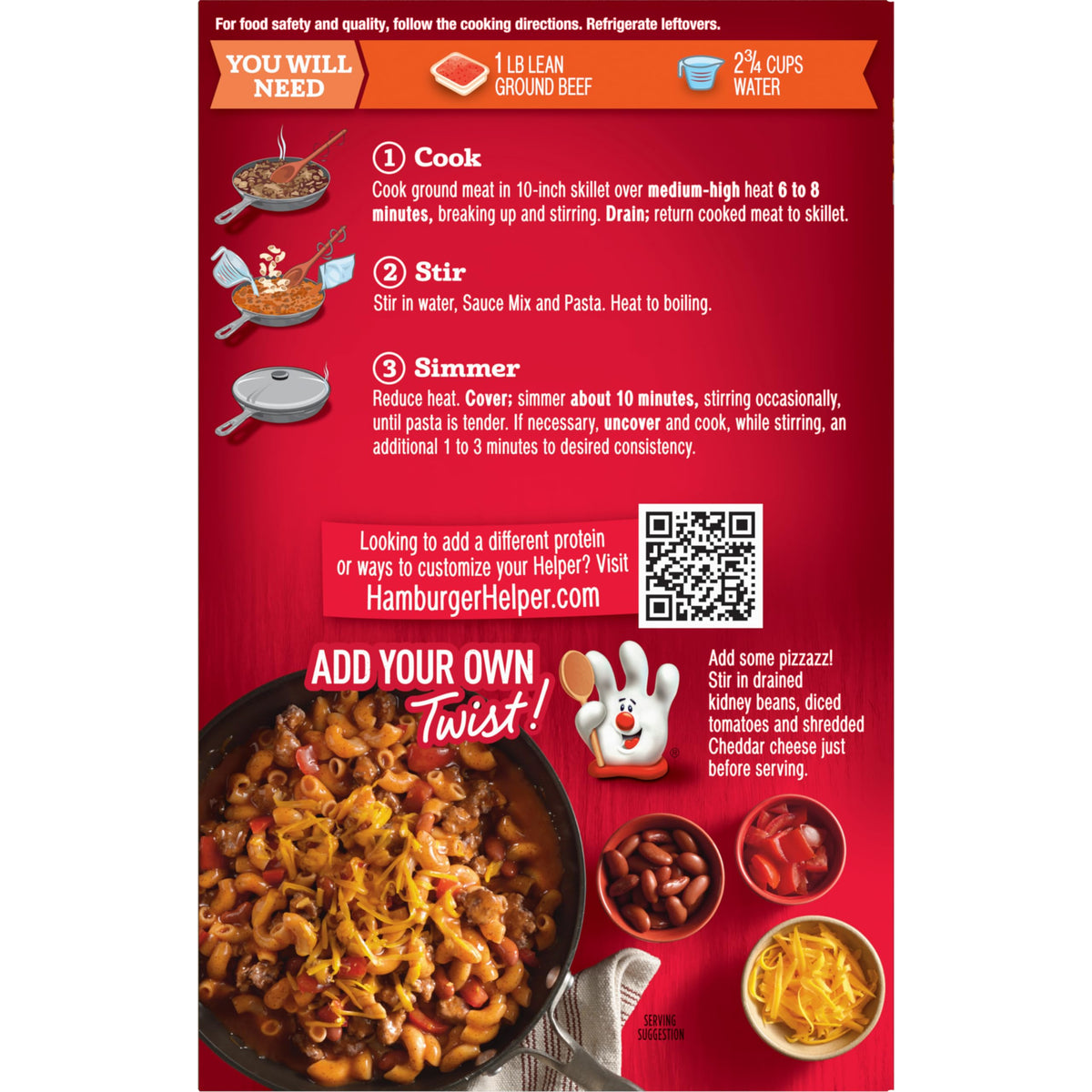 Hamburger Helper Chili Macaroni cooking steam suggests a warm, ready-to-serve dish.